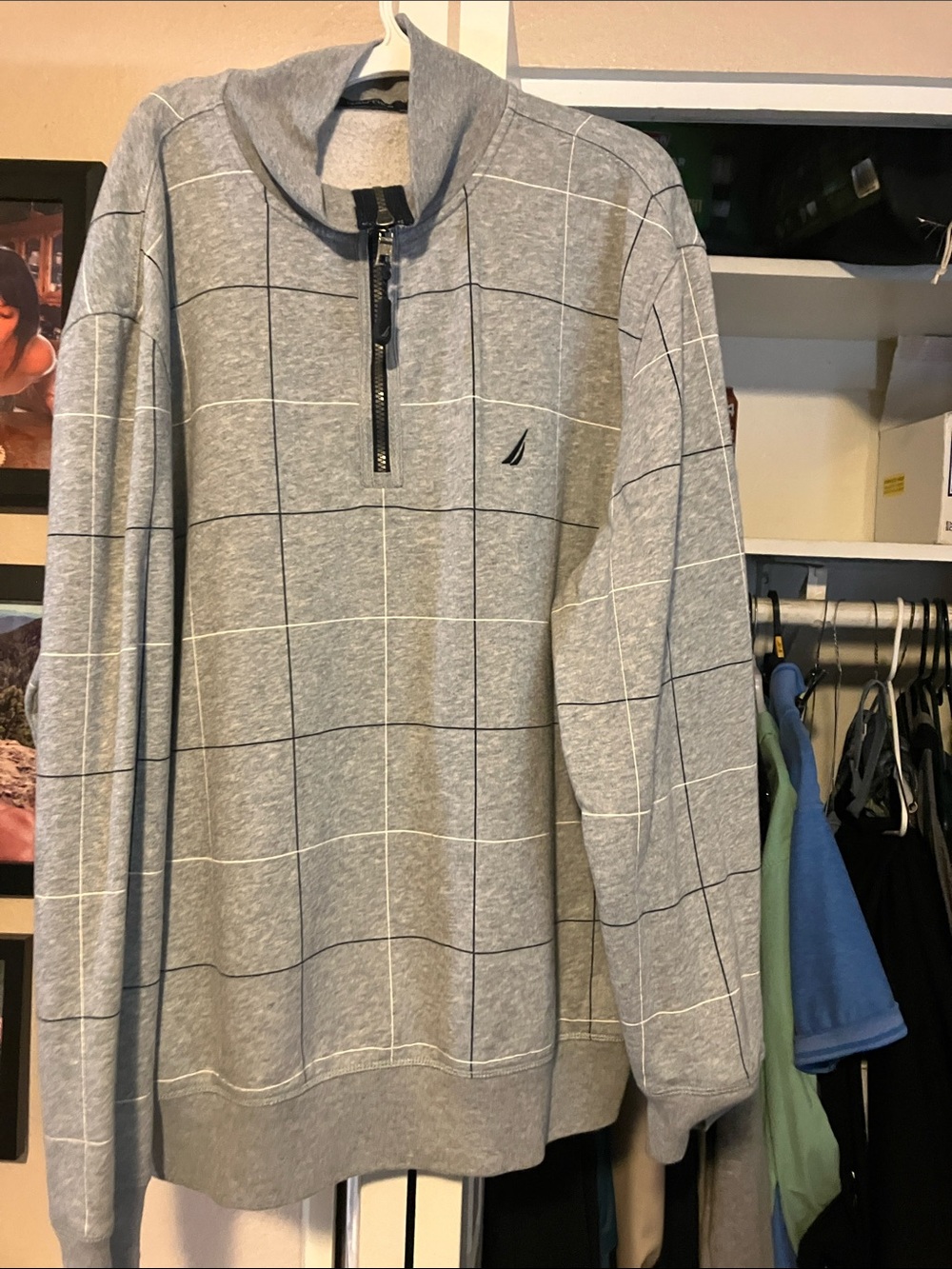 Nautica Light Gray Windowpane Quarter-Zip Sweater